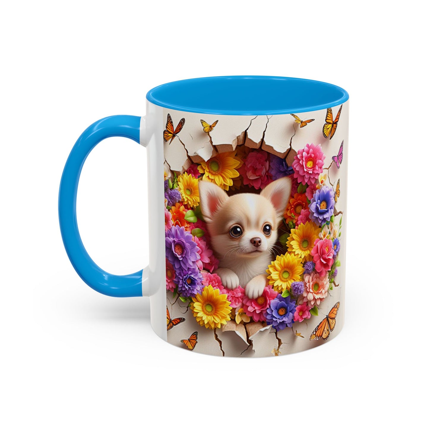Mug Chihuahua Kawaii – Tasse Petit Chien avec Fleurs Colorées et Papillons – Cadeau Amoureux des Chiens 325ml