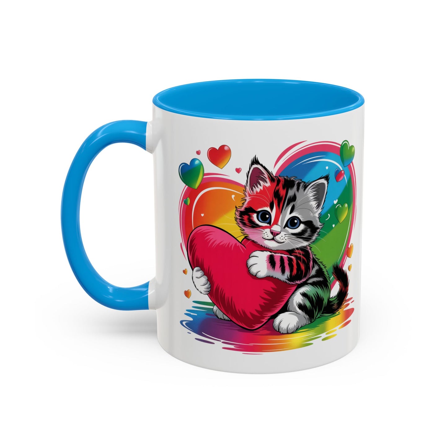 Mug Chat Kawaii avec Cœur Coloré Arc-en-Ciel – Tasse Mignonne Cadeau Original Amoureux des Chats – Céramique 325ml
