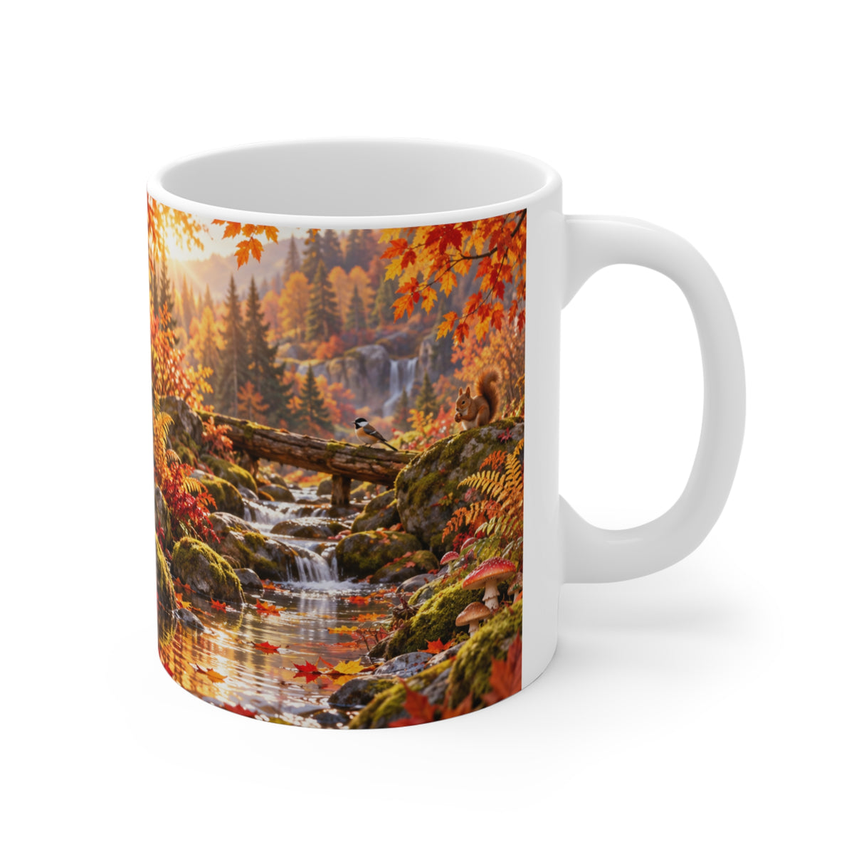Mug Famille de Renards en Forêt d’Automne – Tasse Animaux Sauvages avec Feuilles, Rivière et Champignons – Cadeau Original Amoureux de la Nature