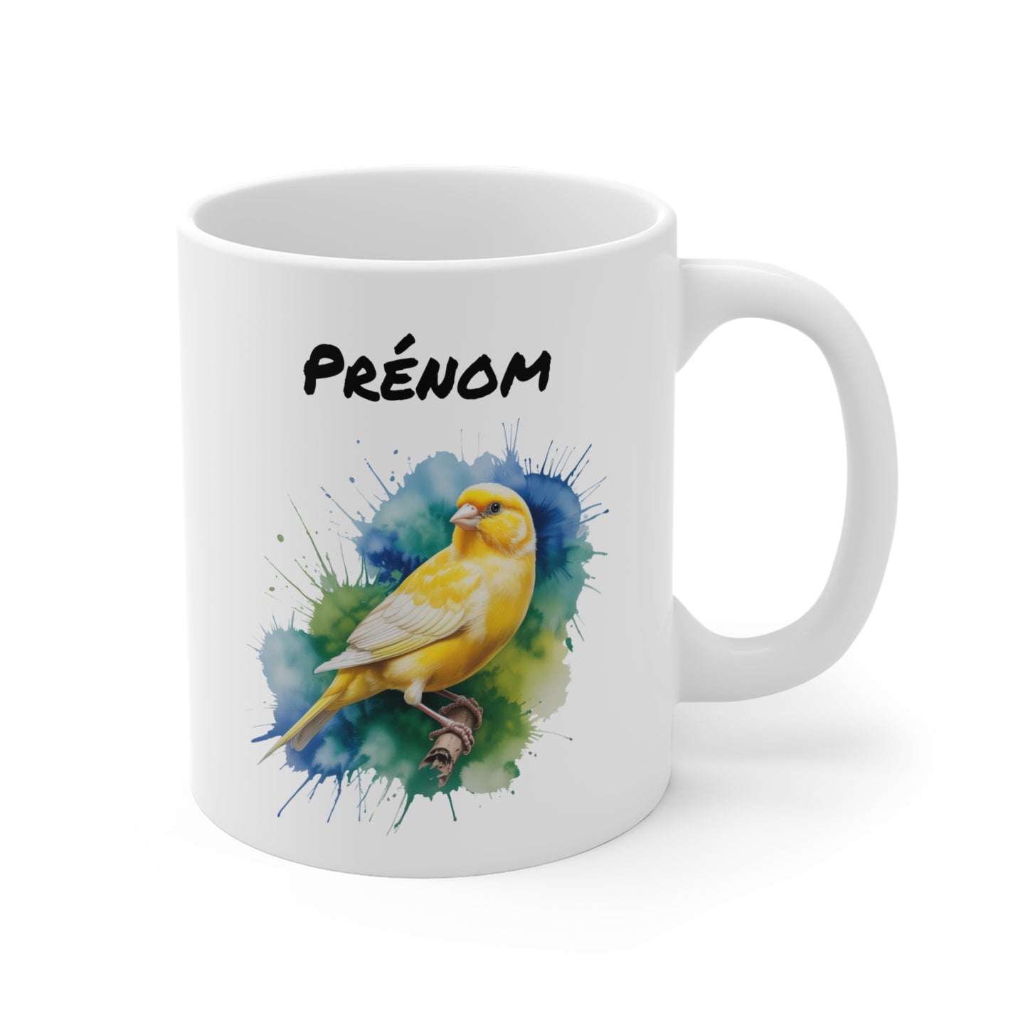 Mug Canari Jaune Personnalisable – Tasse Aquarelle Artistique en Céramique 325ml avec Prénom – Cadeau Nature