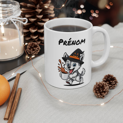 Tasse Personnalisable Loup Sorcier Café – Mug Prénom Céramique 325ml – Cadeau Drôle Halloween