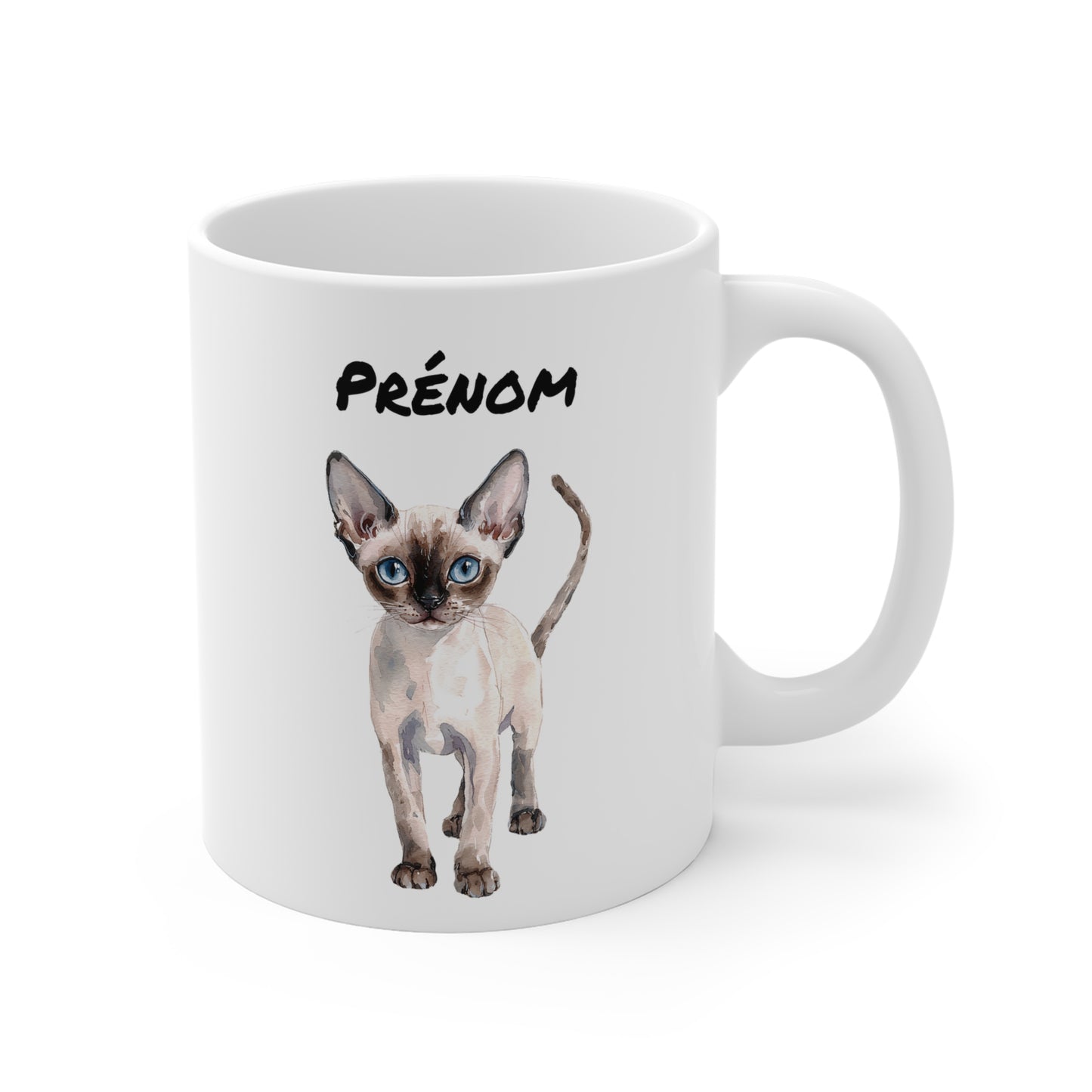 Tasse Personnalisable Chat Siamois Aquarelle – Mug Céramique 325 ml – Cadeau Prénom Élégant