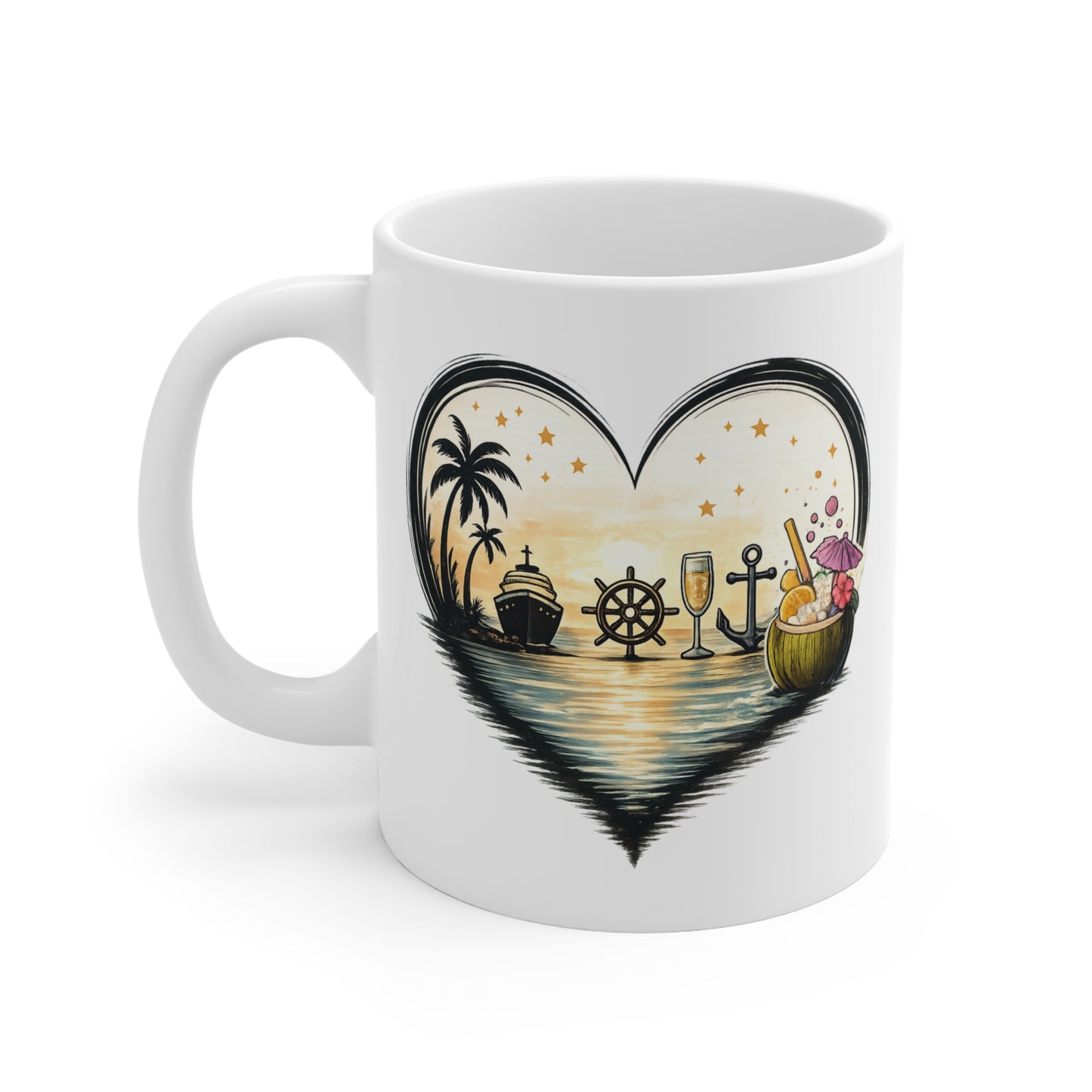 Mug Cœur Tropical – Tasse Plage Palmier Cocktail – Design Vacances Exotique Romantique – Cadeau Voyage 325 ml