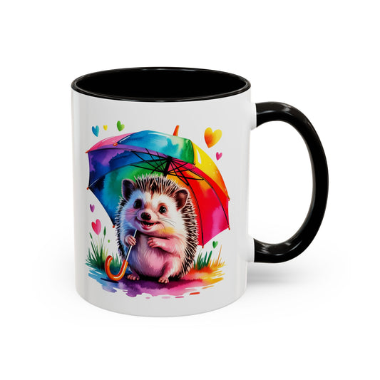 Mug Hérisson Kawaii avec Parapluie Arc-en-Ciel – Tasse Colorée et Mignonne – Cadeau Original Amoureux des Animaux – Céramique 325ml