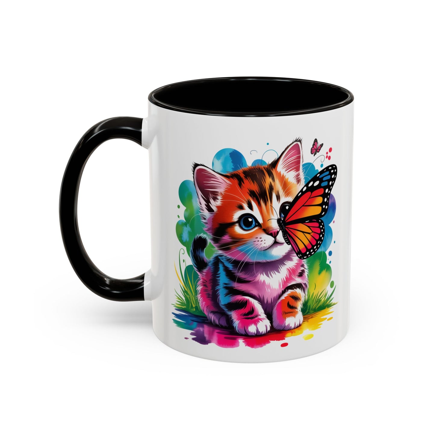 Mug Chaton Kawaii avec Papillon Arc-en-Ciel – Tasse Mignonne et Colorée Cadeau Amoureux des Chats – Céramique 325ml
