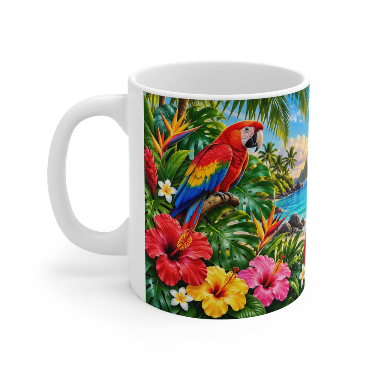 Mug Perroquets Ara dans un Paradis Tropical – Tasse Plage Exotique avec Fleurs, Palmiers et Coucher de Soleil – Cadeau Original Amoureux des Oiseaux