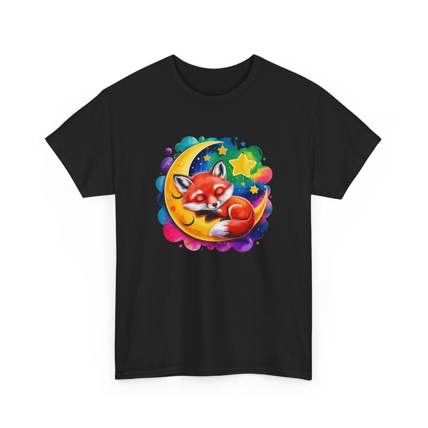 T-Shirt Renard Mignon Dormant sur Lune – Tee Shirt Nuit Étoilée Fantaisie – Cadeau Animal Cute Rêve Noir Blanc Gris