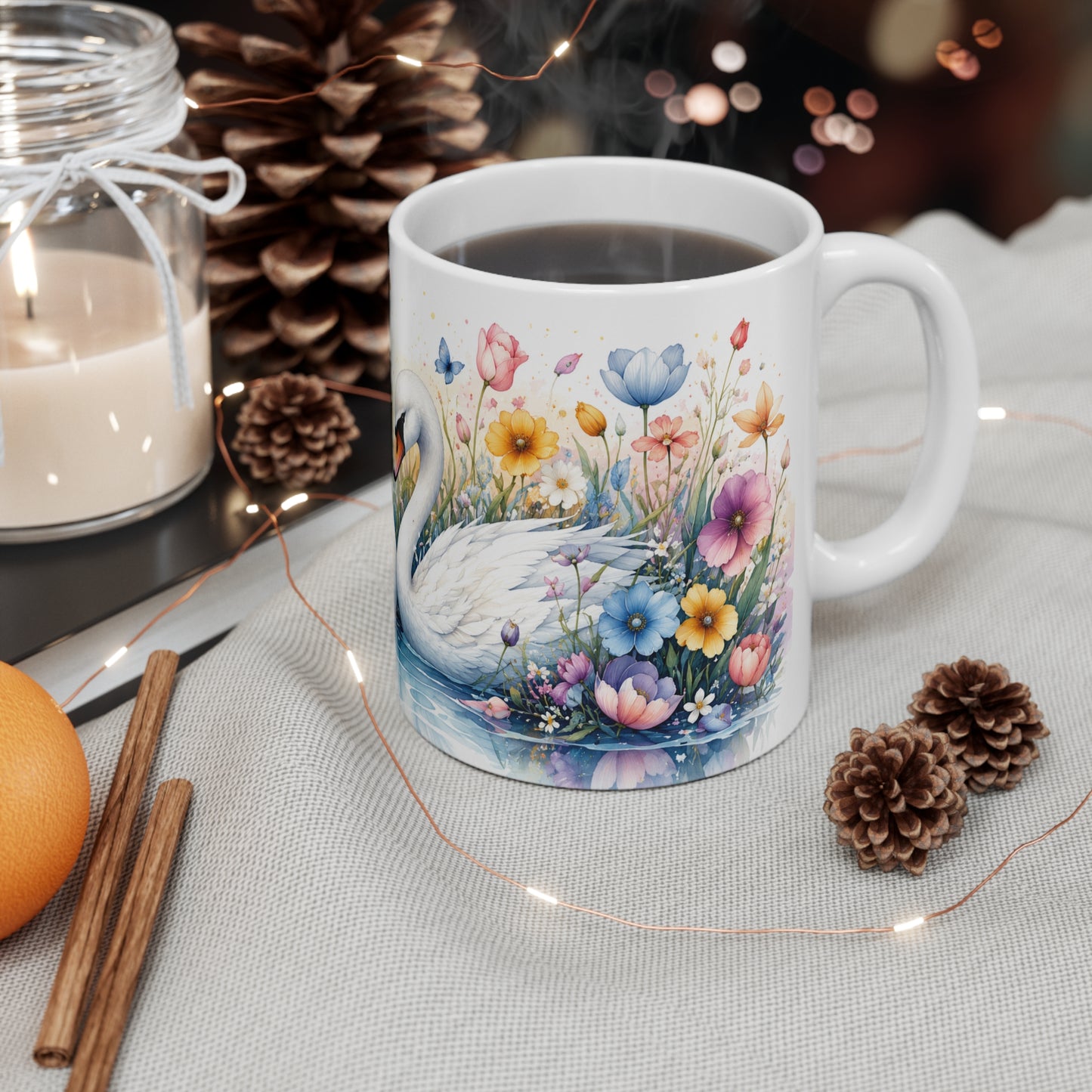 Tasse Couple de Cygnes Fleuris – Mug Romantique Aquarelle – Cadeau Amour Homme Femme 325ml
