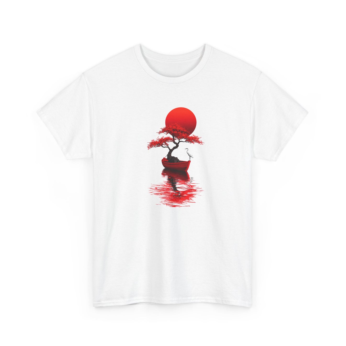 Tee Shirt Homme et Femme Japonais Bonsaï Héron Soleil Rouge Paysage Zen Nature Asiatique Art Traditionnel