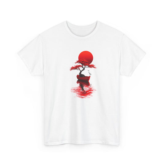 Tee Shirt Homme et Femme Japonais Bonsaï Héron Soleil Rouge Paysage Zen Nature Asiatique Art Traditionnel