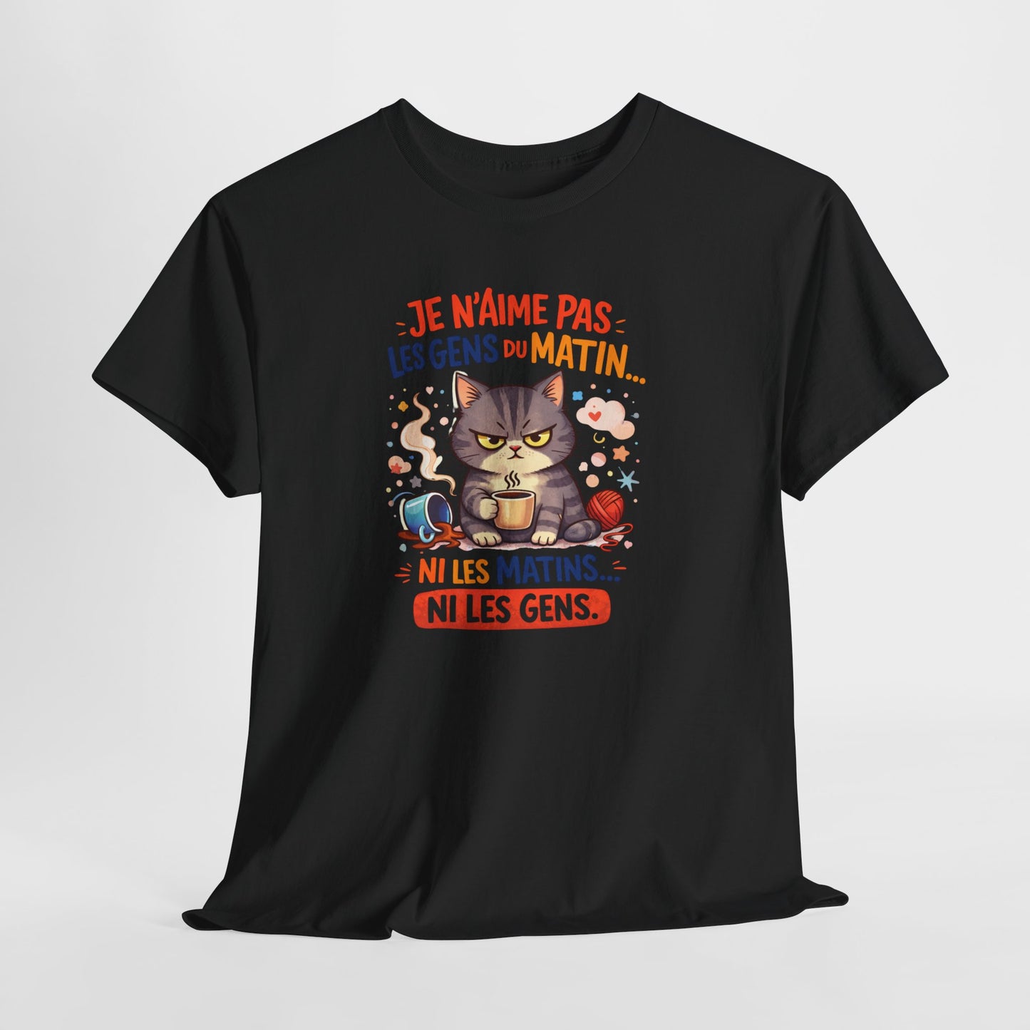 Tee Shirt Chat Humour Je n’aime pas les gens du matin – Amoureux du café drôle – Cadeau Blanc Gris Noir