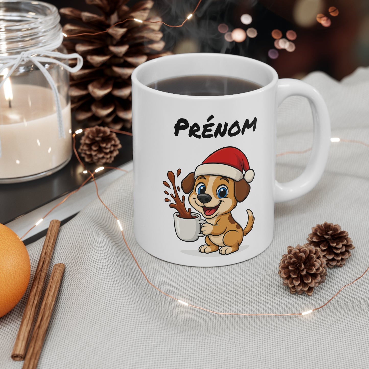 Tasse Personnalisable Chiot Noël – Mug Prénom Céramique 325ml – Cadeau Fêtes Mignon Original