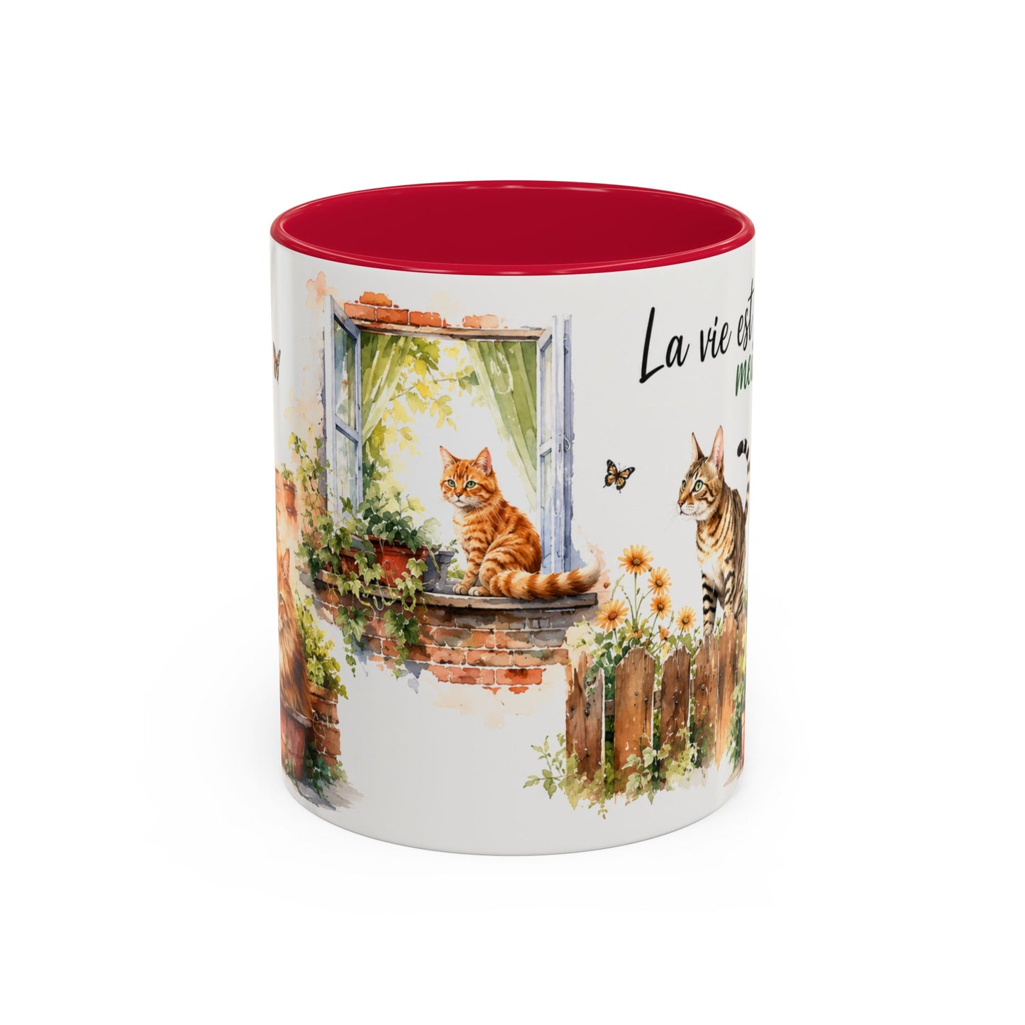 Tasse Chat Aquarelle Vintage – La Vie est Meilleure avec des Chats – Mug Déco Champêtre et Félin 325ml