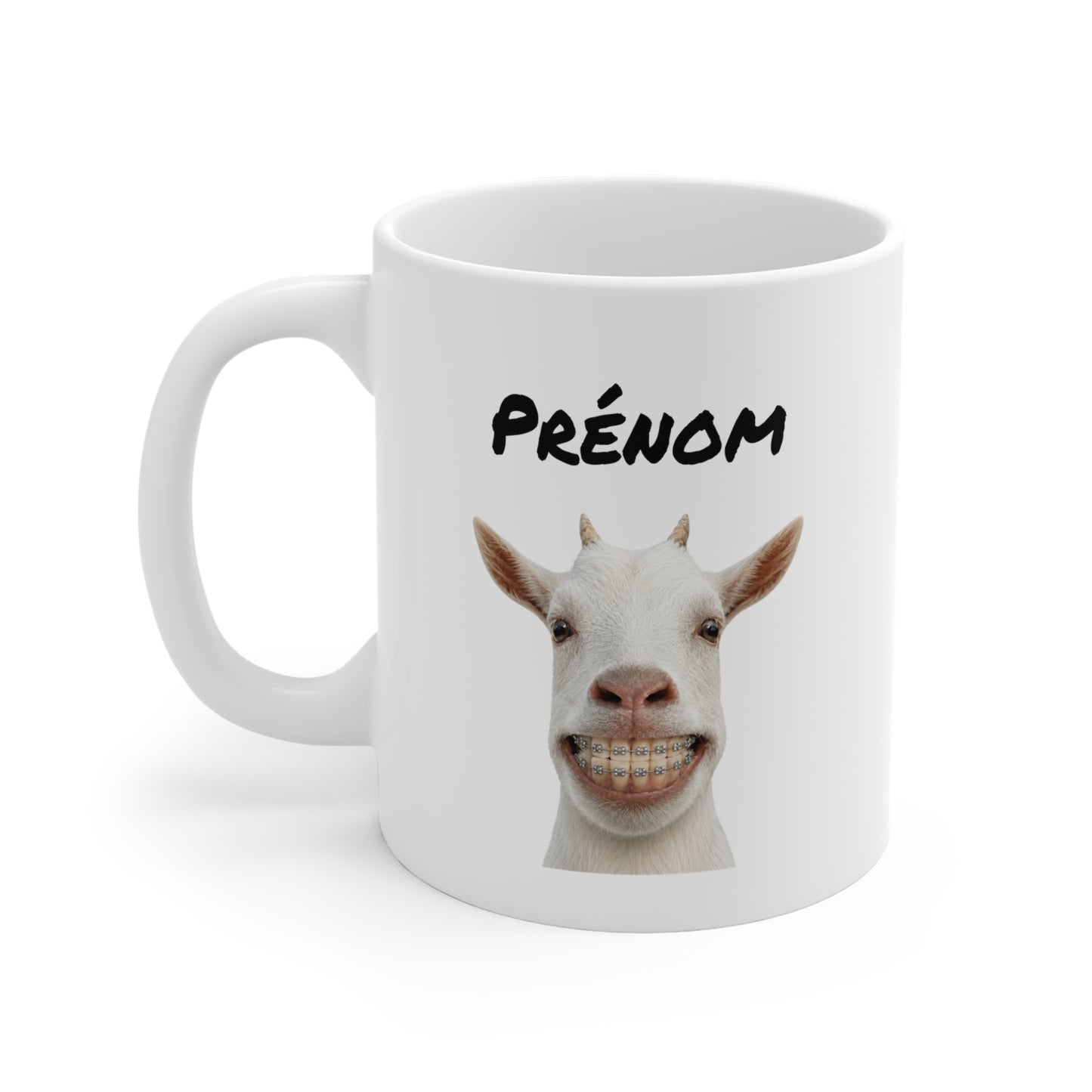 Mug Personnalisable Chèvre Drôle avec Appareil Dentaire – Tasse avec Prénom ou Texte – Cadeau Original Humour Homme Femme 325 ml