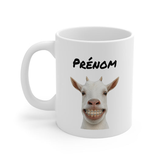 Mug Personnalisable Chèvre Drôle avec Appareil Dentaire – Tasse avec Prénom ou Texte – Cadeau Original Humour Homme Femme 325 ml
