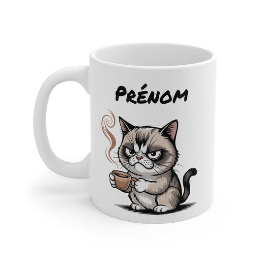 Tasse Personnalisable Chat Grognon 325ml – Mug Café du Matin avec Prénom – Cadeau Original Céramique