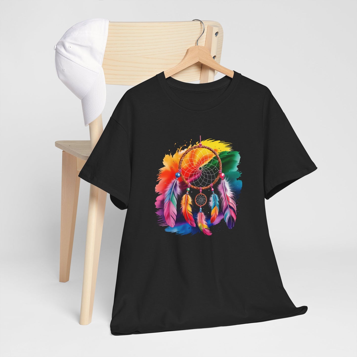 T-Shirt Attrape Rêves Bohème Coloré – Tee Shirt Dreamcatcher Spirituel avec Plumes – Cadeau Style Ethnique Noir Blanc Gris