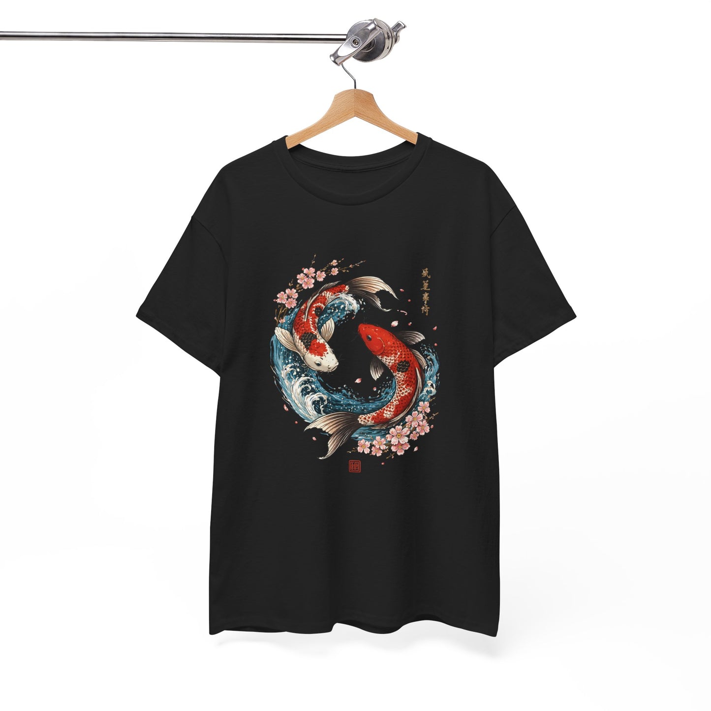 T-Shirt Carpe Koi Japonaise Yin Yang – Design Sakura et Vagues – Tee-Shirt Art Japonais Traditionnel