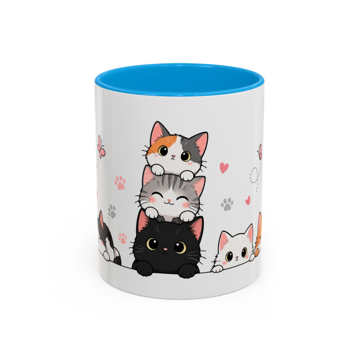 Mug Chats Mignons et Colorés – Tasse avec Petits Chats, Cœurs, Papillons et Pelote de Laine – Cadeau Original Amoureux des Chats