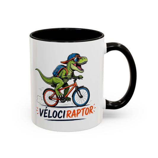 Mug VéloCiraptor Humoristique – Tasse Dinosaure Cycliste Vélociraptor – Cadeau Original Amateur de Vélo et Dino – Céramique 325ml Noir Bleu Rouge