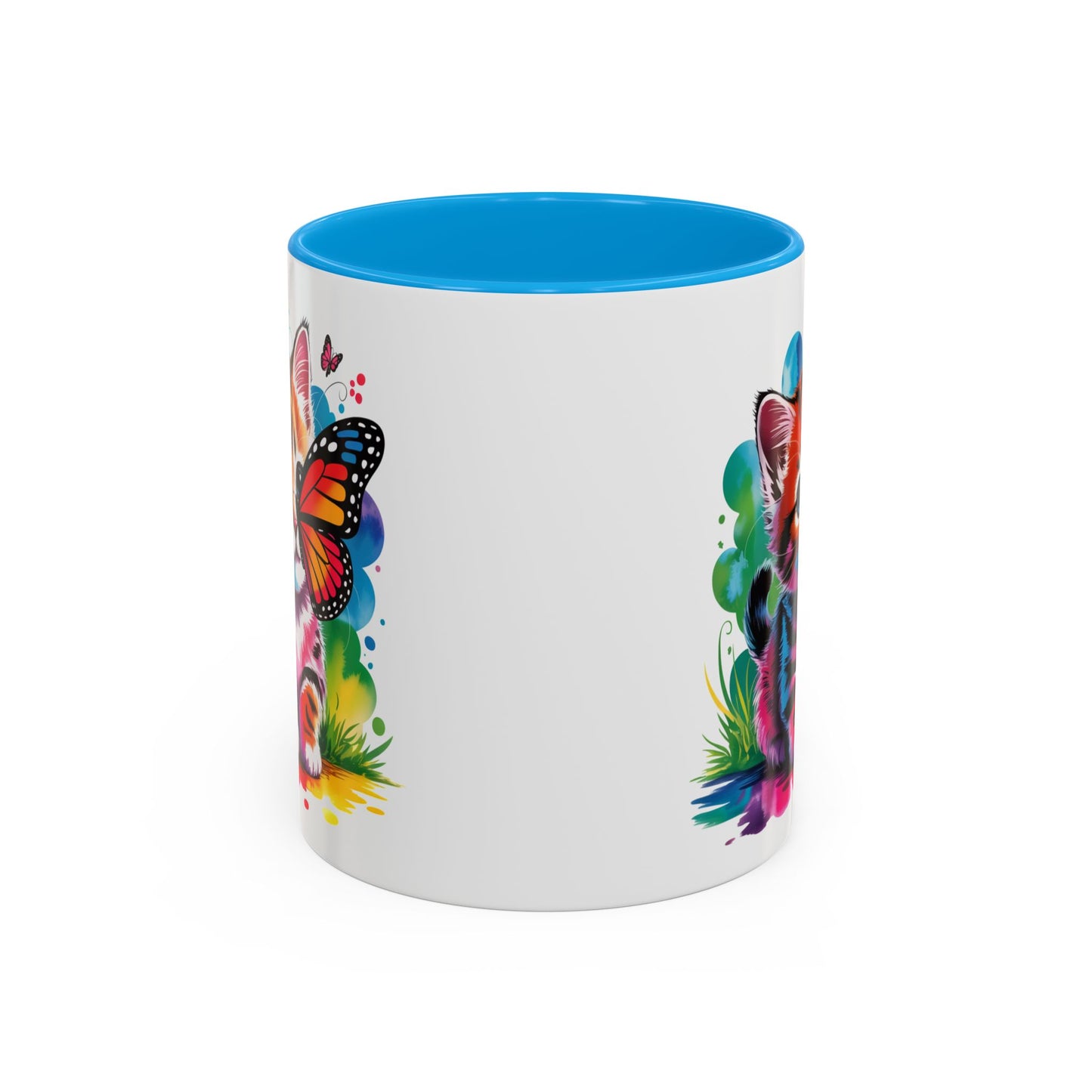 Mug Chaton Kawaii avec Papillon Arc-en-Ciel – Tasse Mignonne et Colorée Cadeau Amoureux des Chats – Céramique 325ml