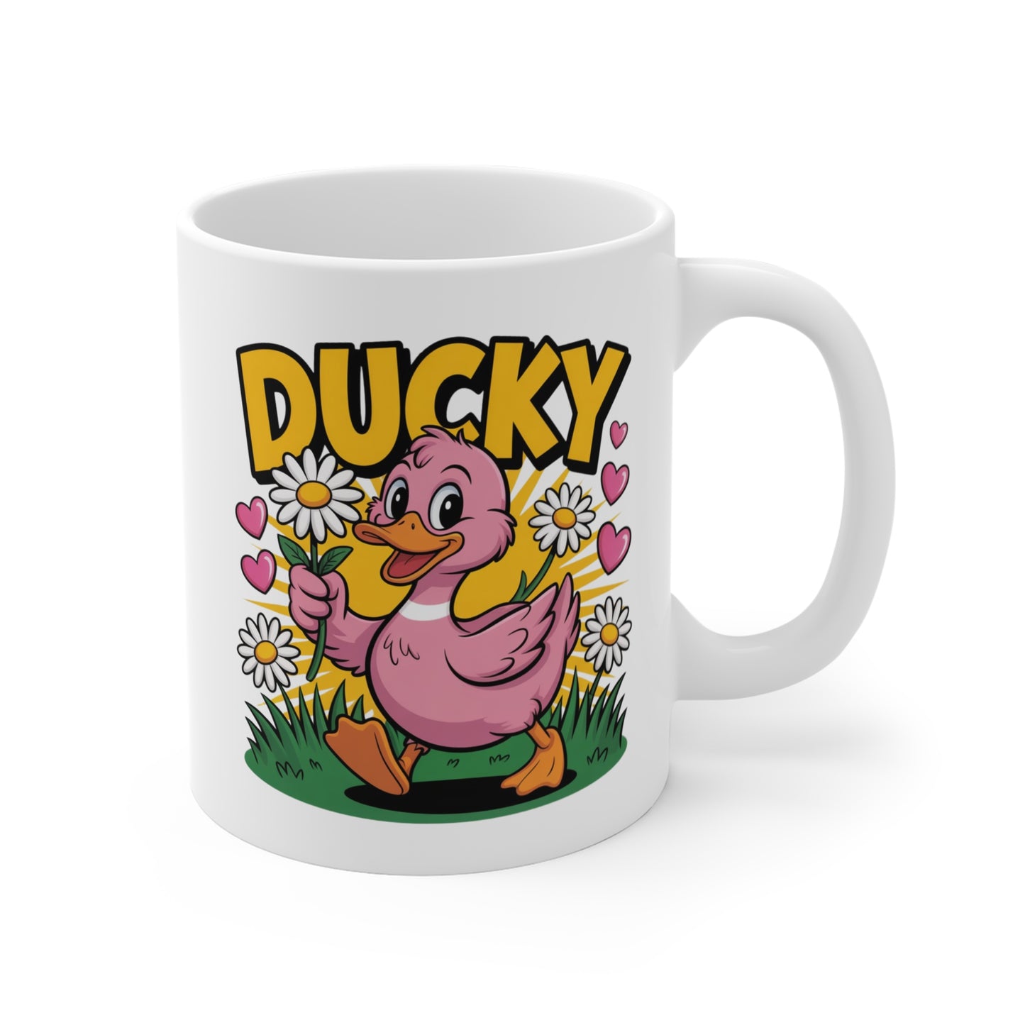 Mug Ducky 325ml – Canard Rose mignon avec Marguerites et Cœurs – Tasse en Céramique Cadeau Original