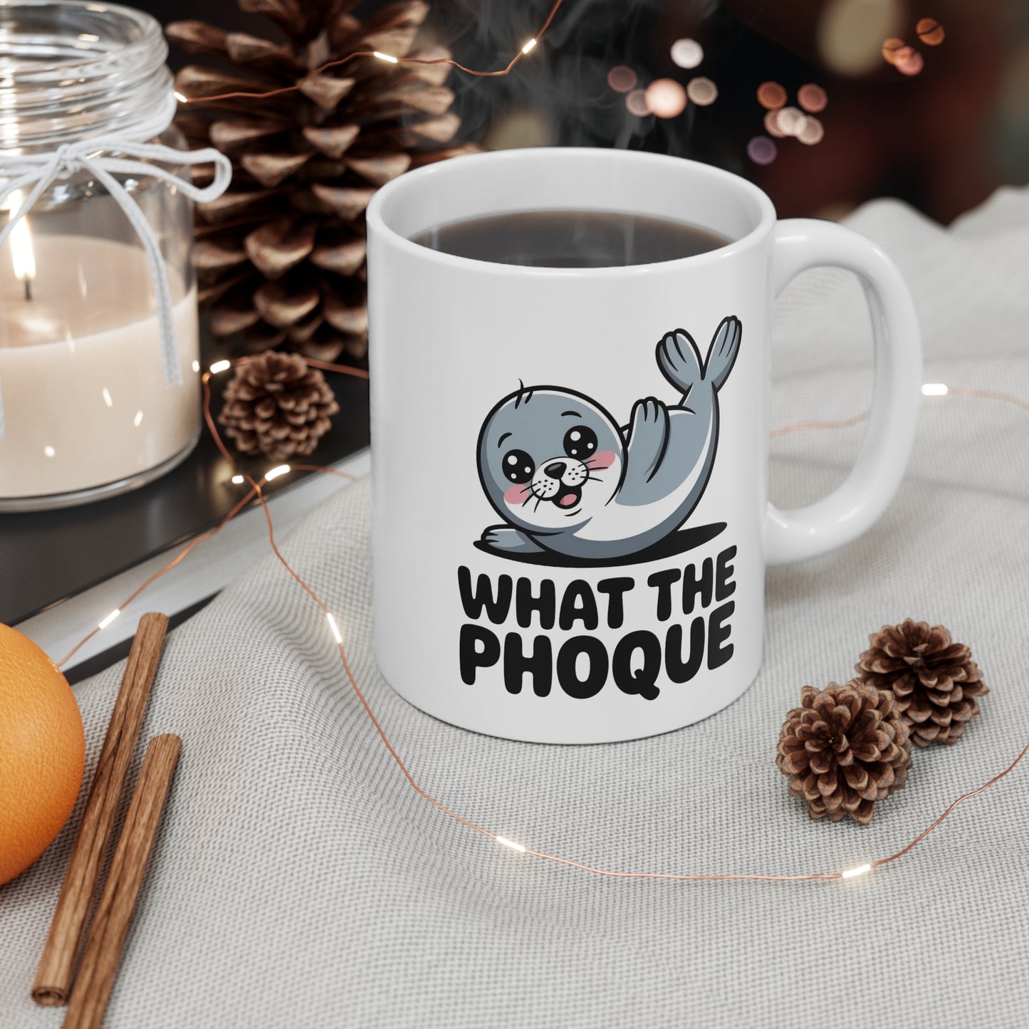Mug Phoque Drôle – What The Phoque – Tasse Humoristique Jeu de Mot – Cadeau Mignon Animal Kawaii 325 ml