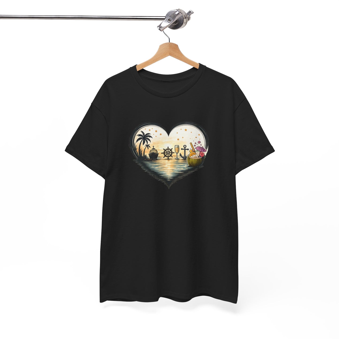 T-Shirt Cœur Océan Tropical – Design Voyage Mer et Cocktails – Tee-Shirt Ambiance Vacances et Liberté