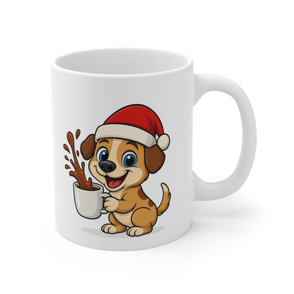 Mug Chiot Noël 325ml – Tasse Céramique Mignonne avec Bonnet Rouge – Cadeau Fêtes Original