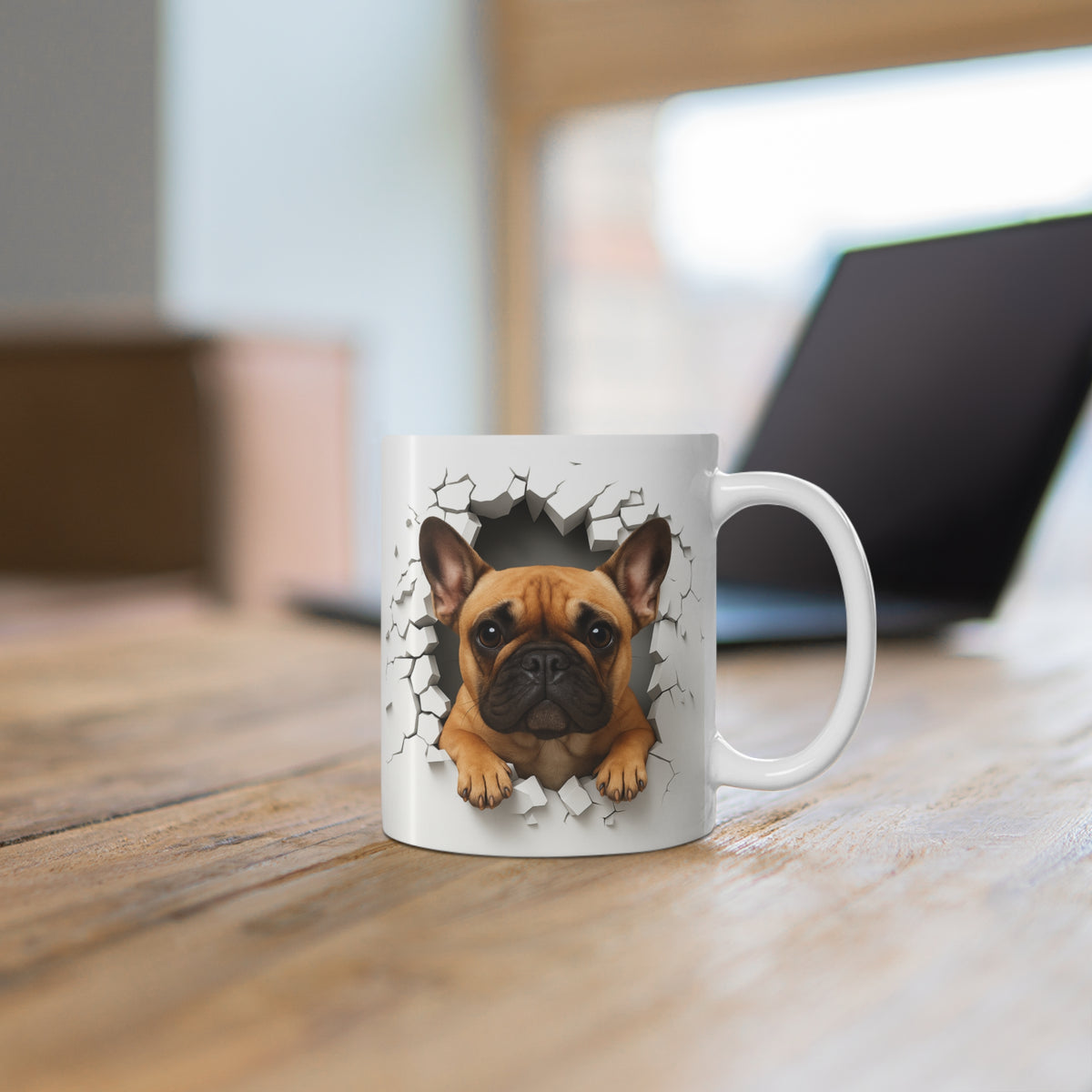Mug Bouledogue Français Fauve Effet Mur Cassé – Tasse Chien 3D Trompe-l’œil – Cadeau Original Amoureux du Bouledogue Français