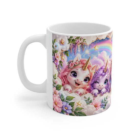 Mug Licornes Féeriques Colorées – Tasse Univers Magique avec Arc-en-ciel, Fleurs et Château – Cadeau Original Enfant Fille Femme