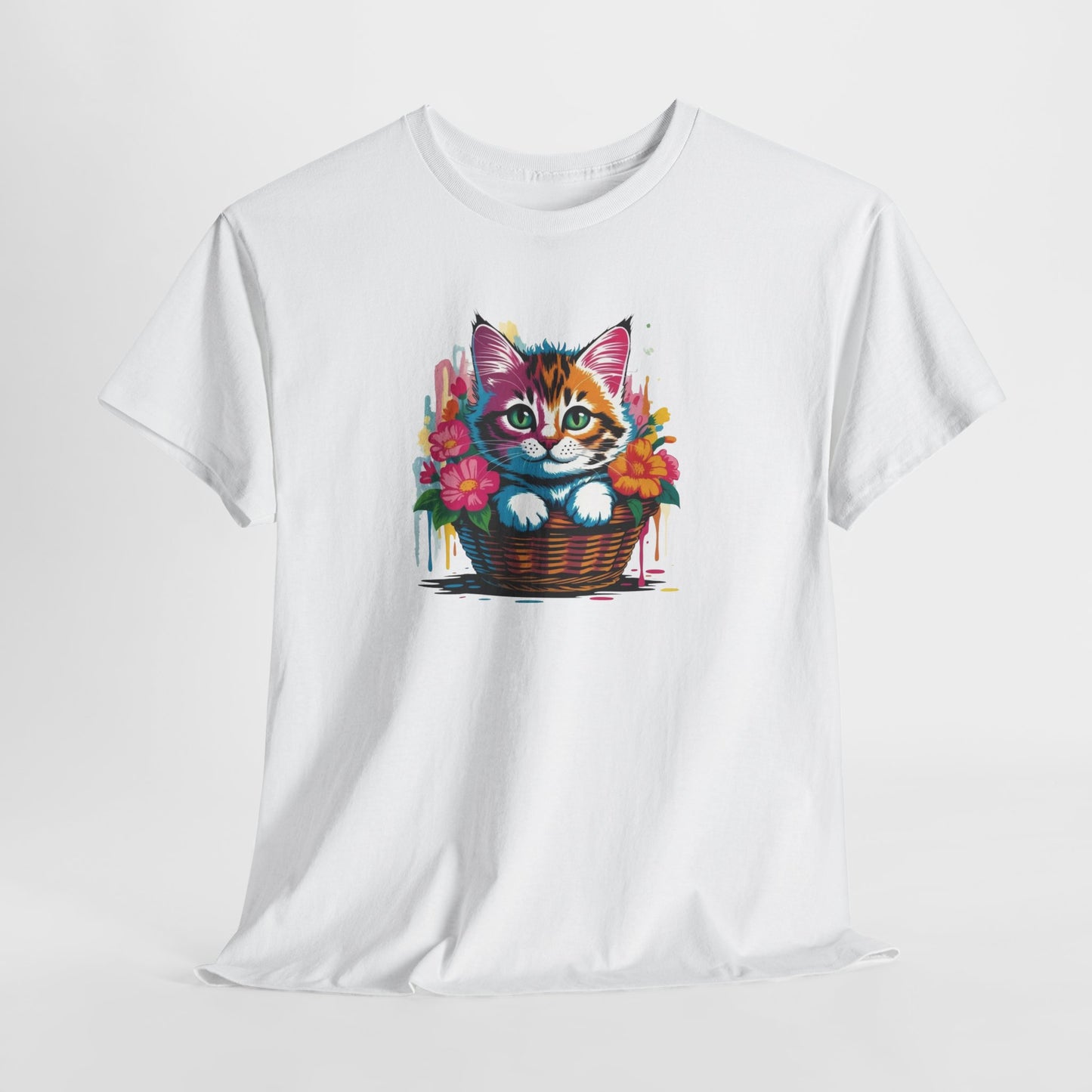 T-Shirt Chaton Mignon Adulte – Chat avec Fleurs Colorées – Tee Shirt Animal Cute Panier Noir Blanc Gris Cadeau