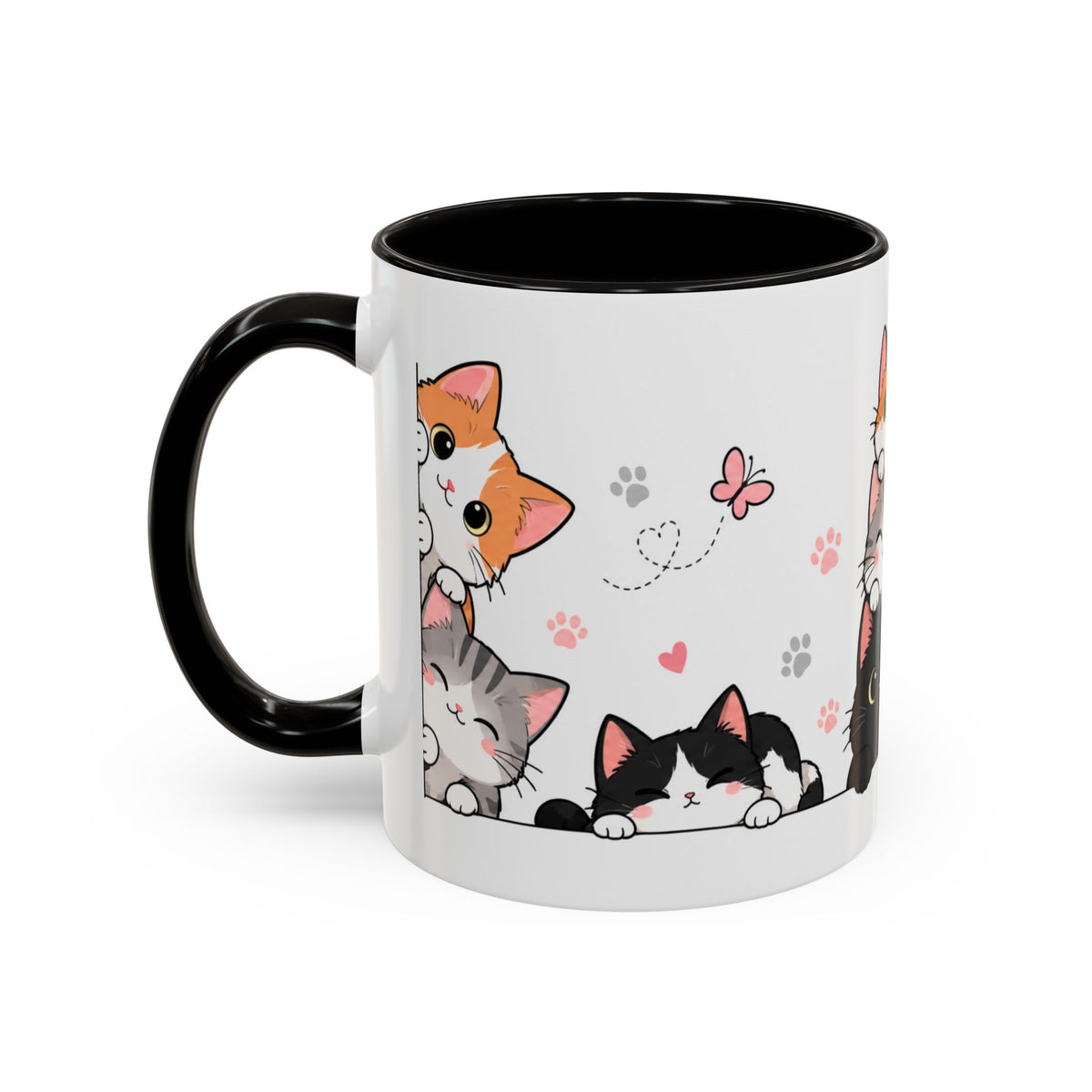 Mug Chats Mignons et Colorés – Tasse avec Petits Chats, Cœurs, Papillons et Pelote de Laine – Cadeau Original Amoureux des Chats