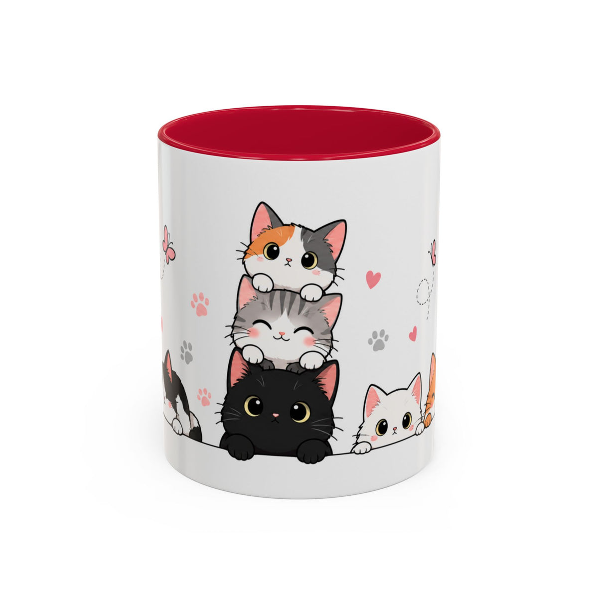 Mug Chats Mignons et Colorés – Tasse avec Petits Chats, Cœurs, Papillons et Pelote de Laine – Cadeau Original Amoureux des Chats
