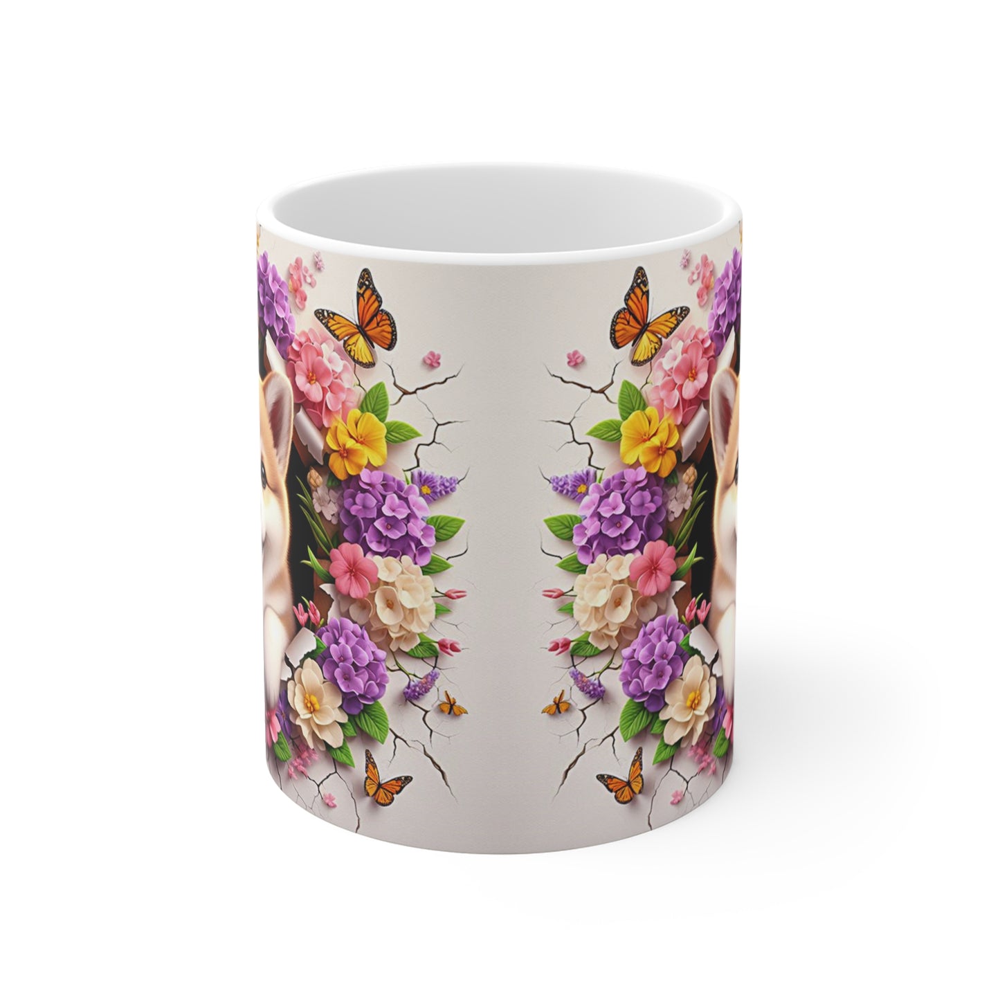 Tasse Céramique Akita Inu et Fleurs – Mug Chien Mignon Papillons – Cadeau Animaux Bohème 325ml