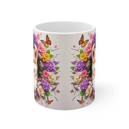 Tasse Céramique Akita Inu et Fleurs – Mug Chien Mignon Papillons – Cadeau Animaux Bohème 325ml