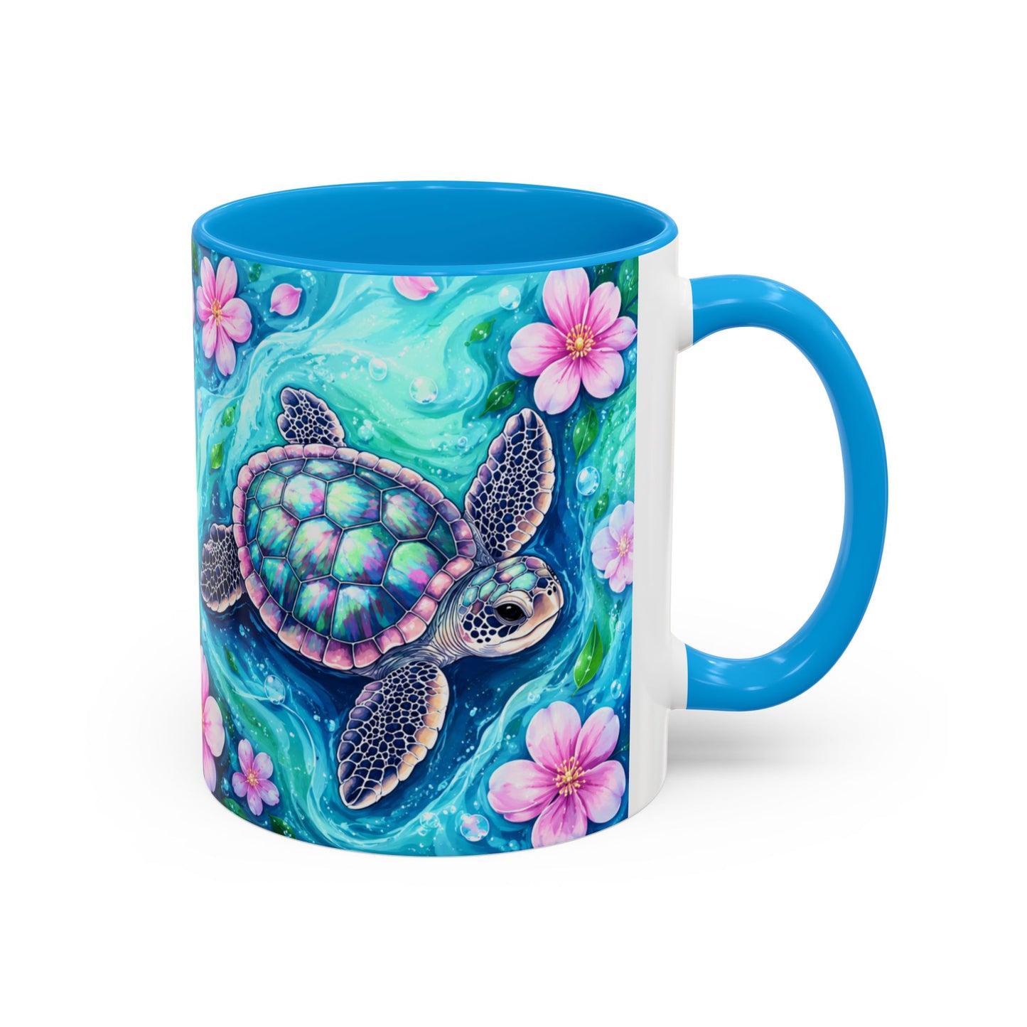 Tasse Tortue Marine Tropicale – Mug Océan et Fleurs Pastel – Cadeau Nature Mer 325ml