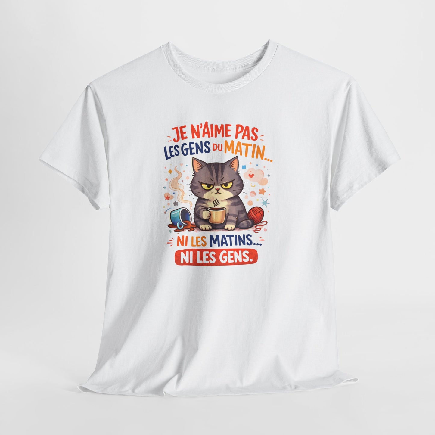 Tee Shirt Chat Humour Je n’aime pas les gens du matin – Amoureux du café drôle – Cadeau Blanc Gris Noir