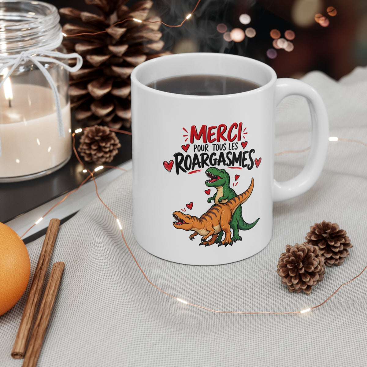 Mug Humour Dinosaure « Merci pour tous les Roargasmes » – Tasse Drôle avec T-Rex et Cœurs – Cadeau Original Couple Homme Femme