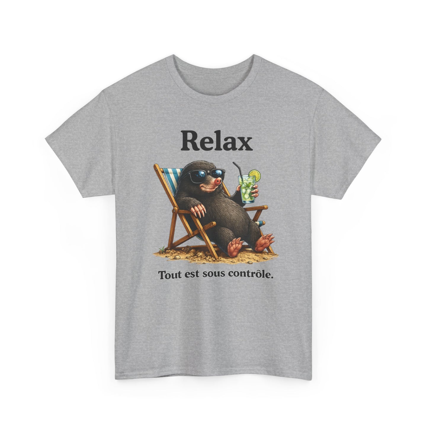 T-Shirt Humour Homme et Femme – Taupe Relax Détente Vacances – Animal Drôle avec Lunettes – Cadeau Original – Blanc et Gris
