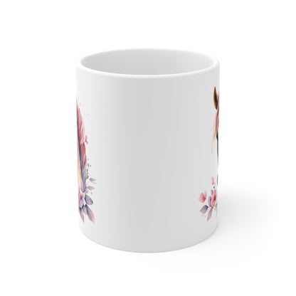 Mug Cheval Aquarelle 325ml – Tasse Céramique Design Équestre avec Fleurs – Cadeau Original Cavalier