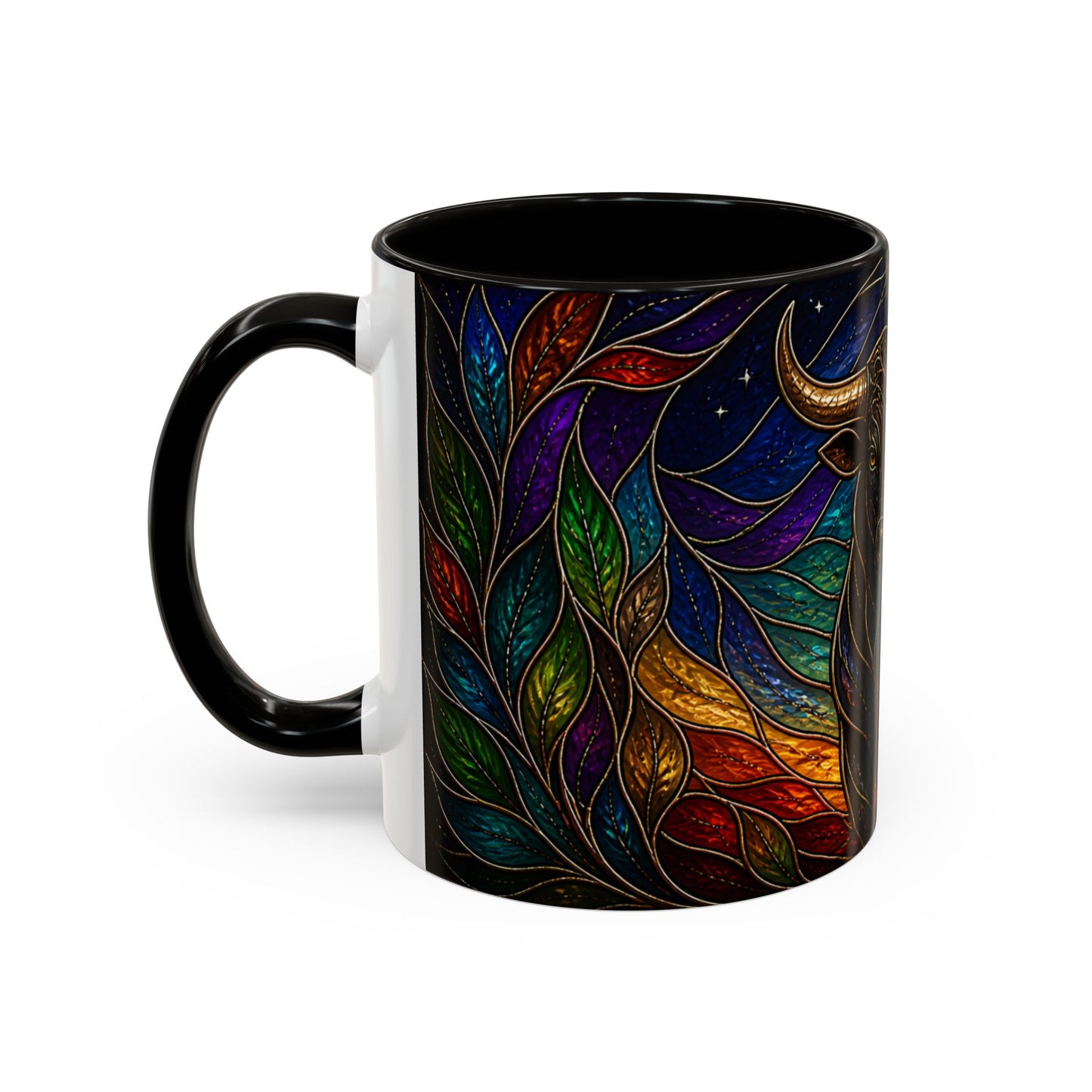 Tasse Taureau Style Vitrail – Mug Artistique Multicolore avec Lune et Taureau Mystique – Céramique 325ml