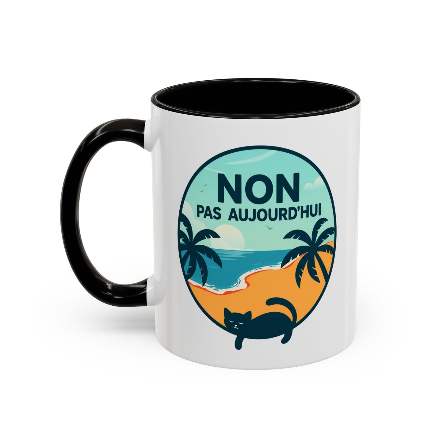 Tasse Chat Homme et Femme – Non Pas Aujourd'hui – Mug Humour Chat Relax Plage Vacances – Cadeau Original pour Amoureux des Chats – 325 ml