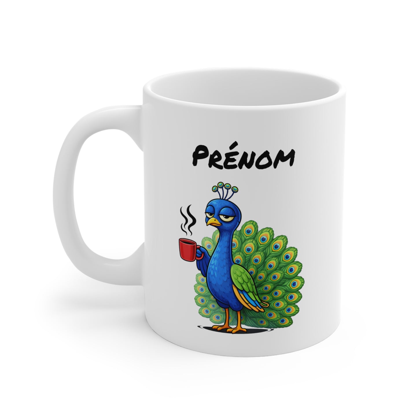 Tasse Paon Fatigué avec Café – Mug Animal Coloré et Humour – Illustration Oiseau Mignon 325ml – Idée Cadeau Originale