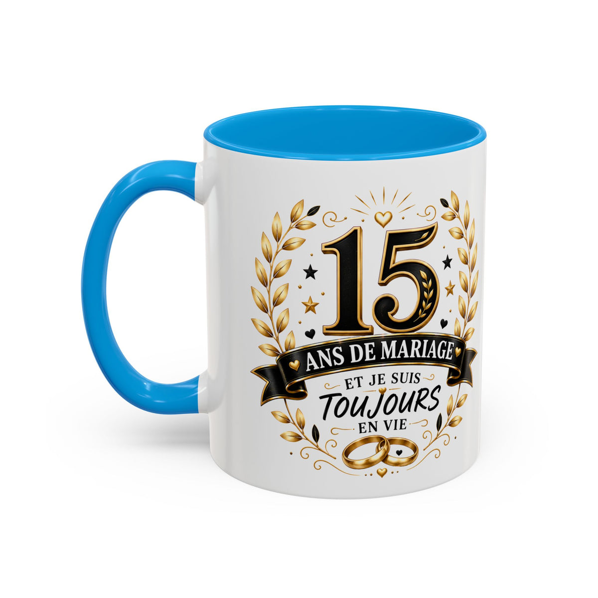 Mug 15 Ans de Mariage et Je Suis Toujours en Vie – Tasse Humoristique Anniversaire de Mariage – Idée Cadeau Couple Noces de Cristal noir bleu rouge