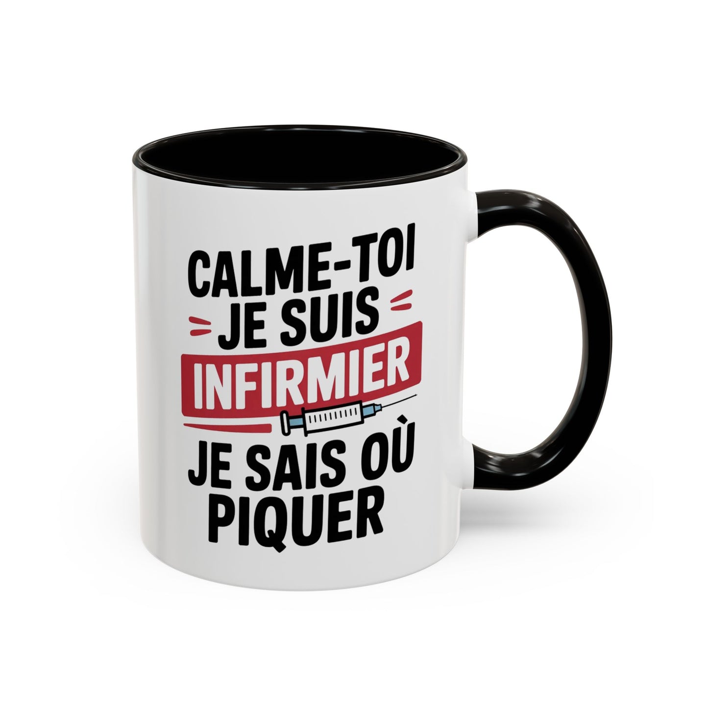 Tasse Infirmier Drôle “Calme-toi je suis infirmier je sais où piquer” – Mug Humour Métier Cadeau Collègue