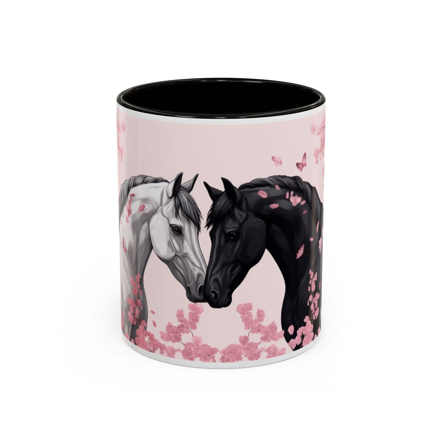 Mug Chevaux Sakura – Tasse Cheval Noir et Blanc avec Fleurs de Cerisier Roses – Cadeau Passion Cheval 325ml