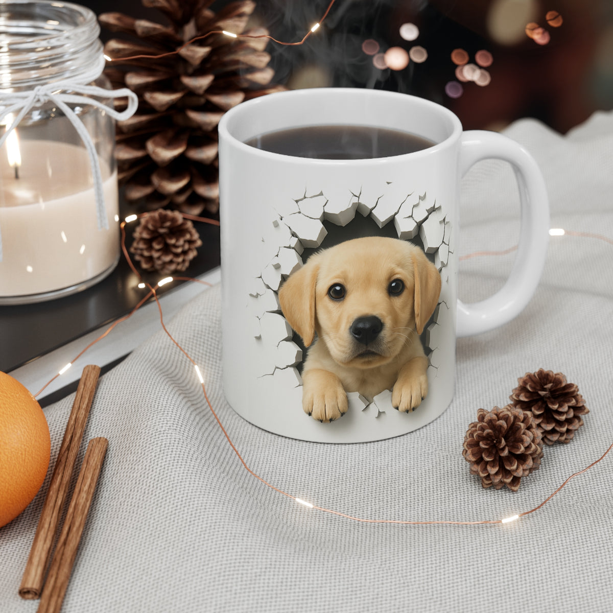 Mug Chiot Labrador Sable Effet Mur Cassé – Tasse Chien 3D Trompe-l’œil – Cadeau Original Amoureux du Labrador