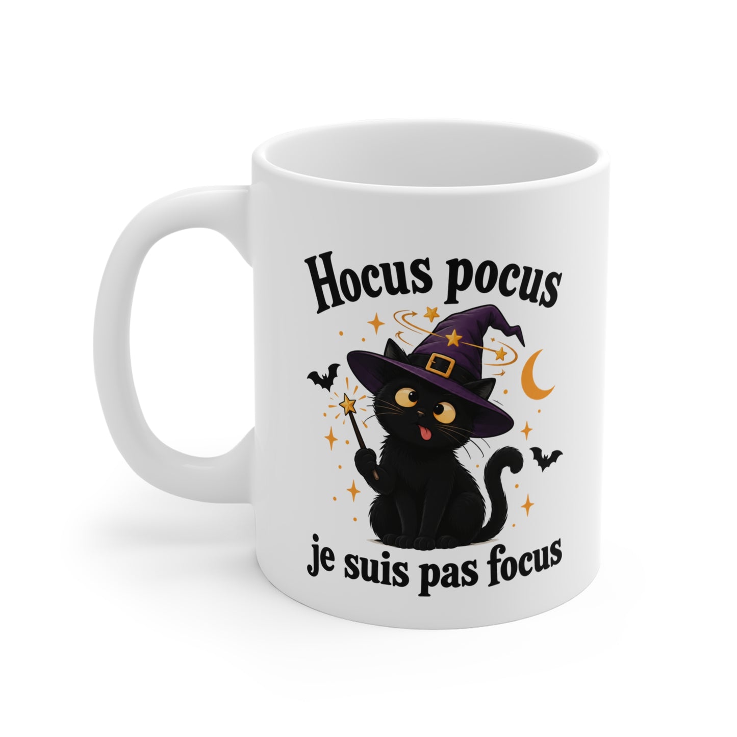 Mug Chat Noir Sorcier – Tasse Humour « Hocus Pocus Je Suis Pas Focus » – Cadeau Original Chat Magie Sorcière Halloween