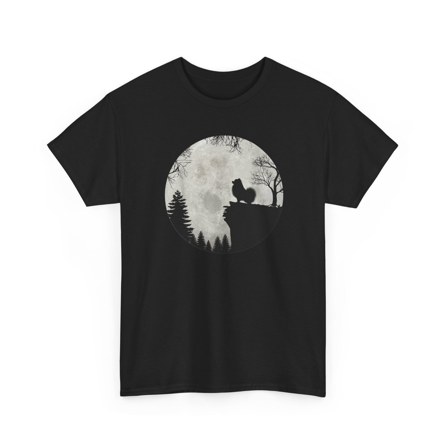 Tee-Shirt Spitz Nain Homme et Femme – Chien Silhouette Pleine Lune Forêt – Cadeau Original Amoureux des Chiens et Nature